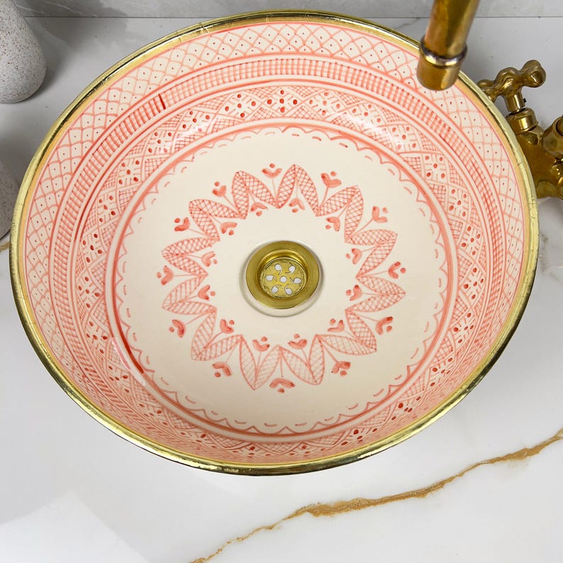 Handmade Moroccan Ceramic Sink Golden Rim 14k Carats #252