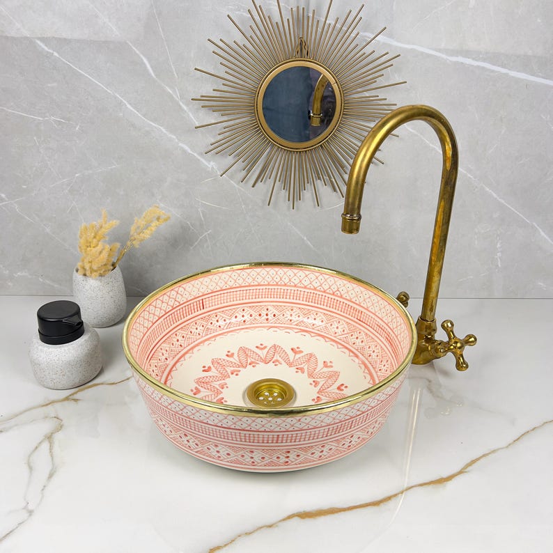 Handmade Moroccan Ceramic Sink Golden Rim 14k Carats #252