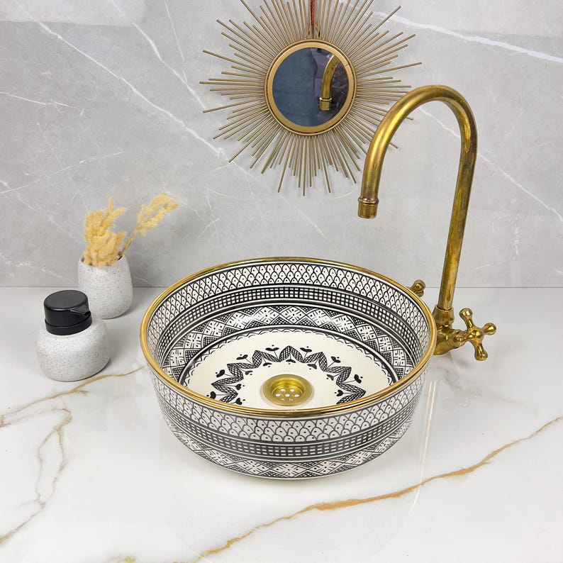 Handmade Moroccan Ceramic Sink Golden Rim 14k Carats #252
