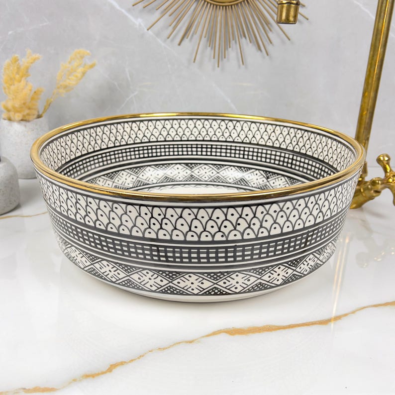 Handmade Moroccan Ceramic Sink Golden Rim 14k Carats #252