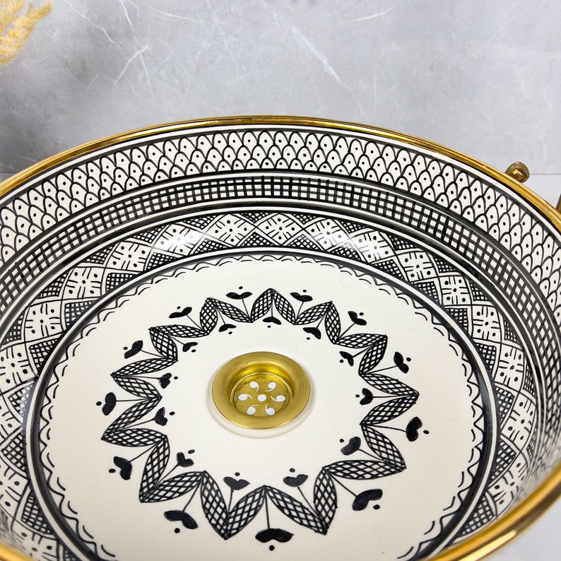 Handmade Moroccan Ceramic Sink Golden Rim 14k Carats #252
