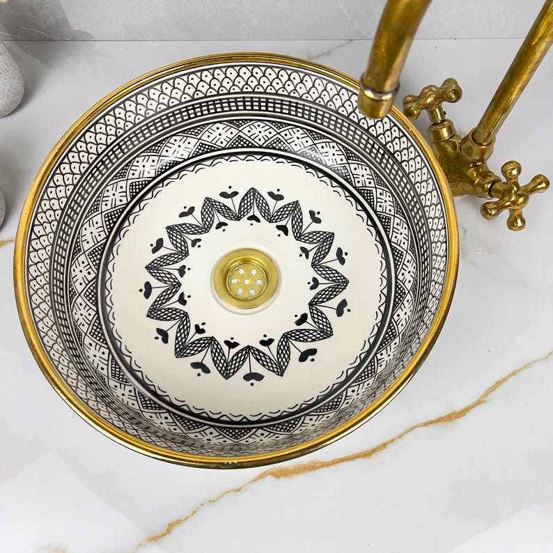 Handmade Moroccan Ceramic Sink Golden Rim 14k Carats #252