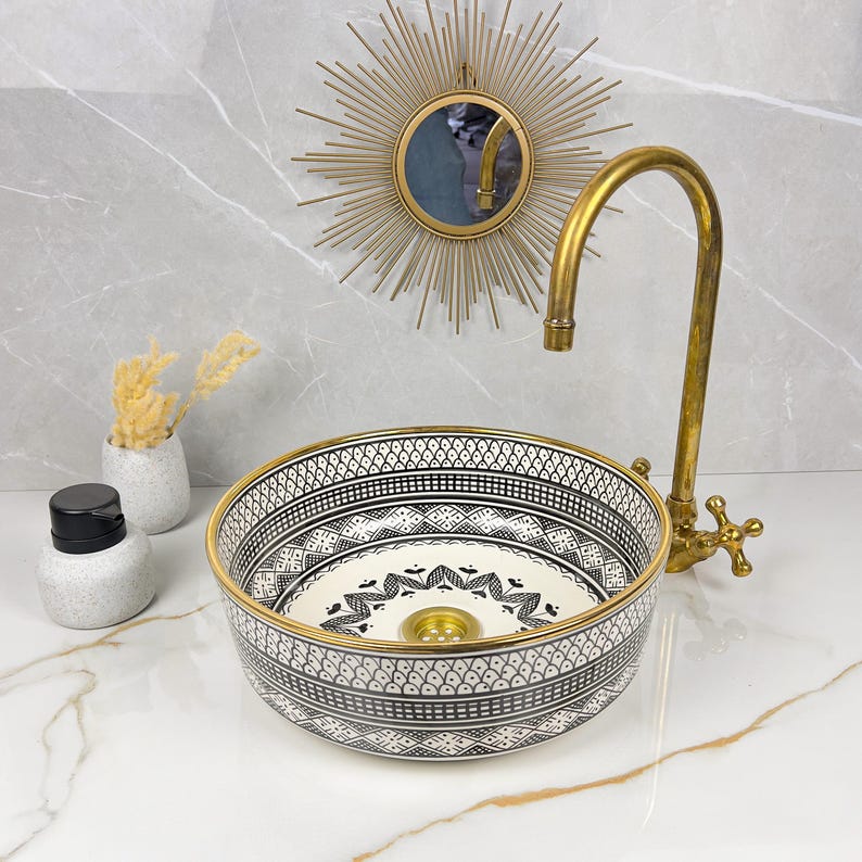 Handmade Moroccan Ceramic Sink Golden Rim 14k Carats #252