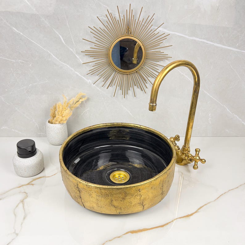 Handmade Moroccan Ceramic Sink Brass Rim #225