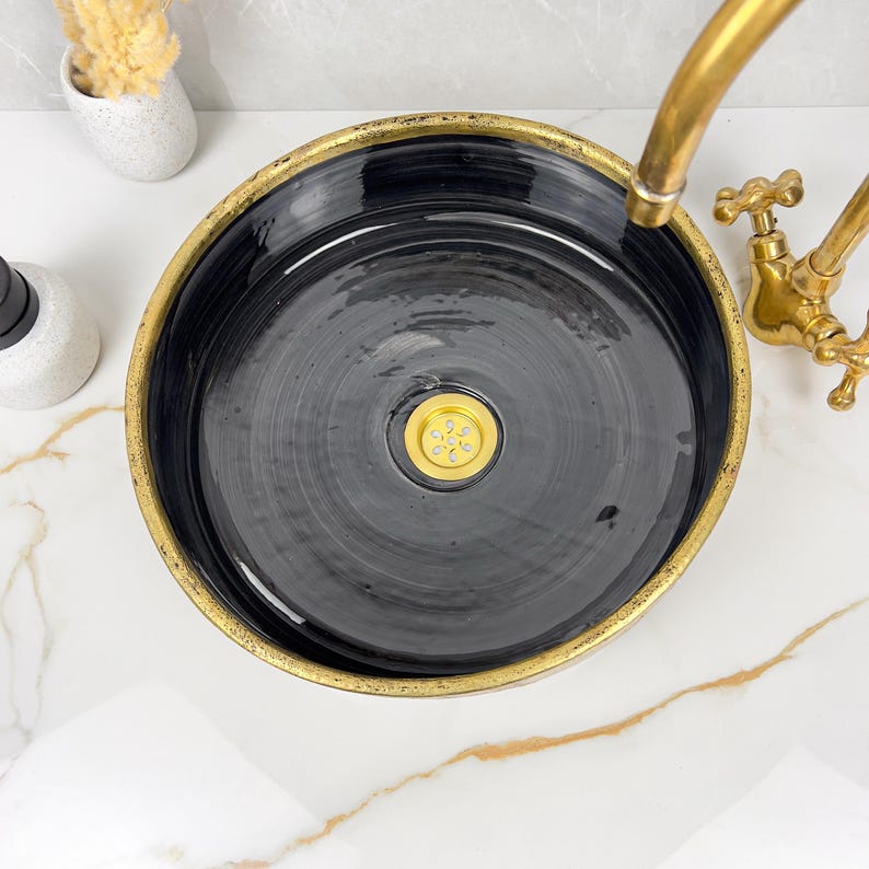 Handmade Moroccan Ceramic Sink Brass Rim #225