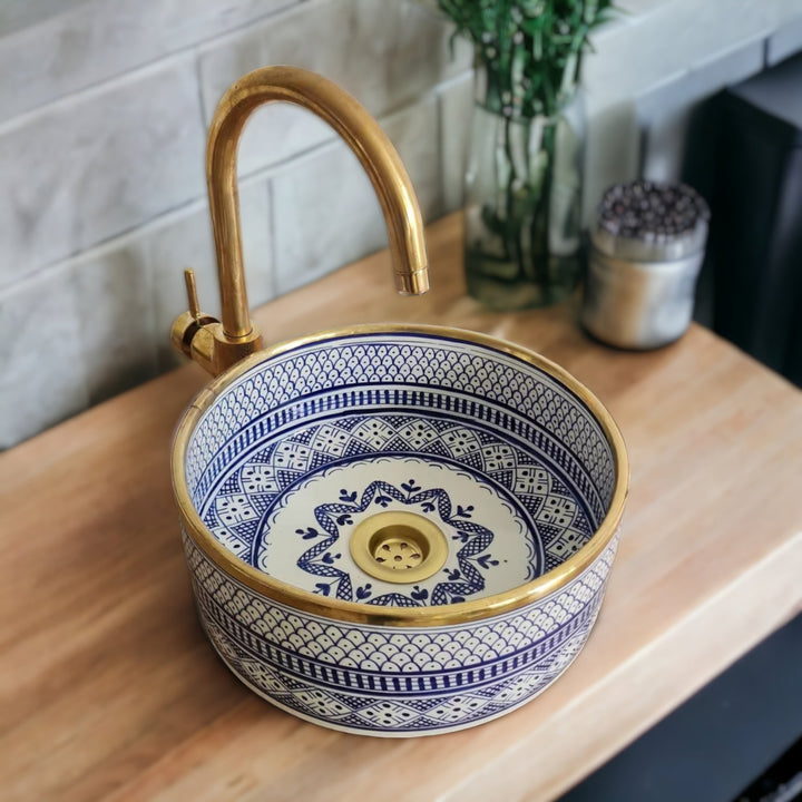 Handmade Moroccan Ceramic Sink Brass rim #62