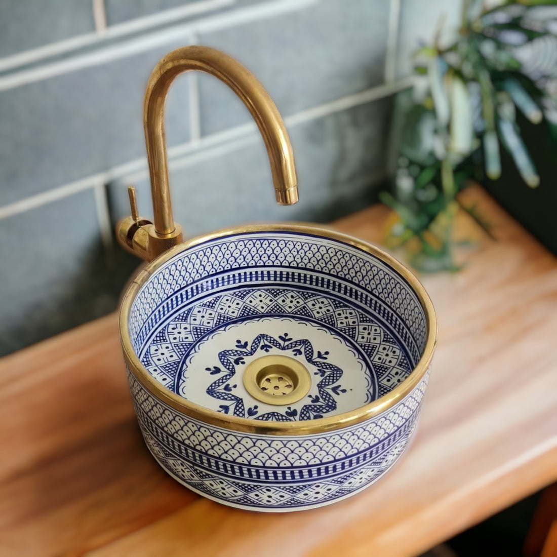 Handmade Moroccan Ceramic Sink Brass rim #62