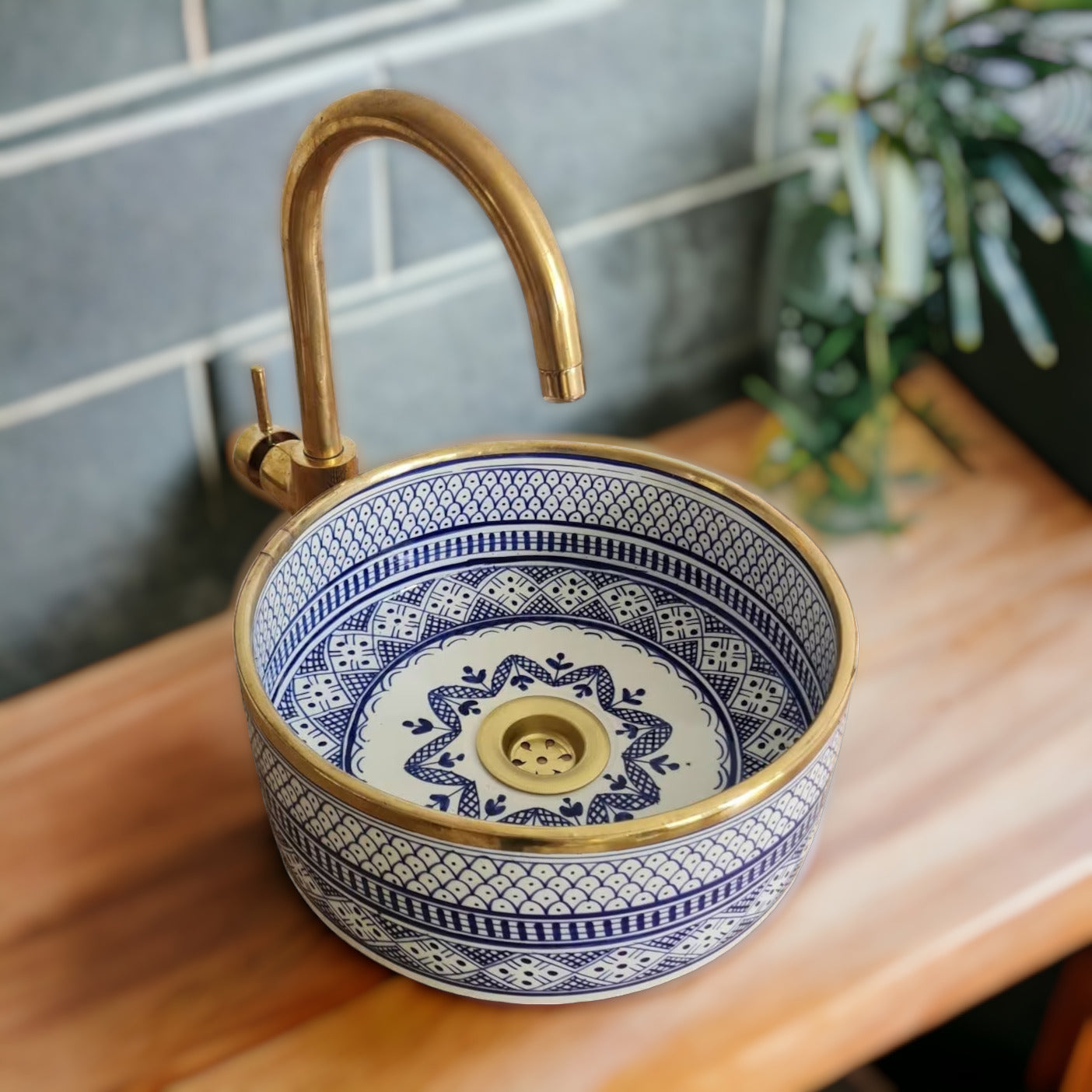 Bathroom sink Brass rim | Hand painted ceramic sink #62