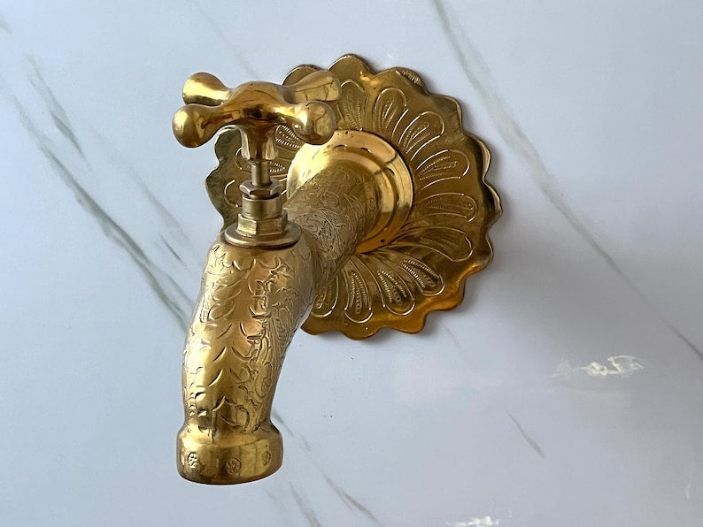 Moroccan Faucet Engraved in Unlacquered Brass - Handmade Moroccan Faucet - Wall Mounted Faucet