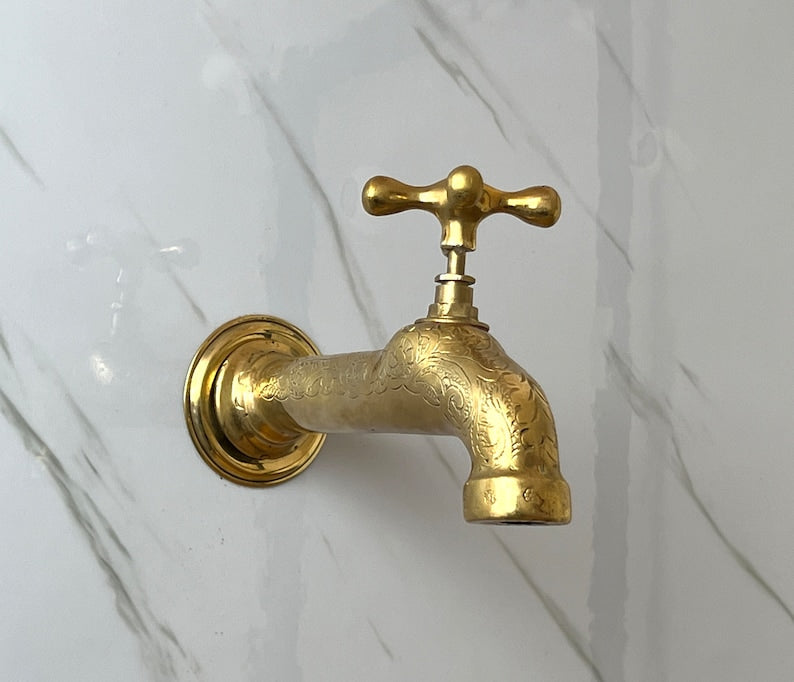 Moroccan Faucet Engraved in Unlacquered Brass - Handmade Moroccan Faucet - Wall Mounted Faucet