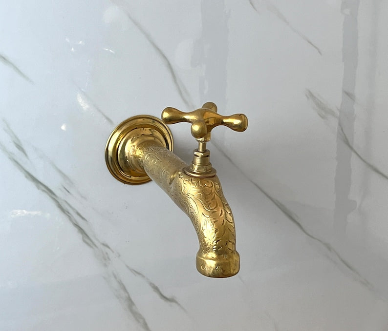 Moroccan Faucet Engraved in Unlacquered Brass - Handmade Moroccan Faucet - Wall Mounted Faucet