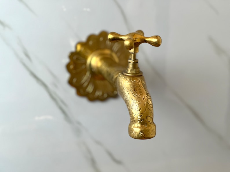 Moroccan Faucet Engraved in Unlacquered Brass - Handmade Moroccan Faucet - Wall Mounted Faucet