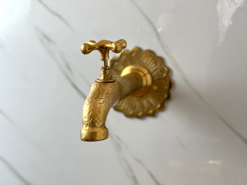 Moroccan Faucet Engraved in Unlacquered Brass - Handmade Moroccan Faucet - Wall Mounted Faucet