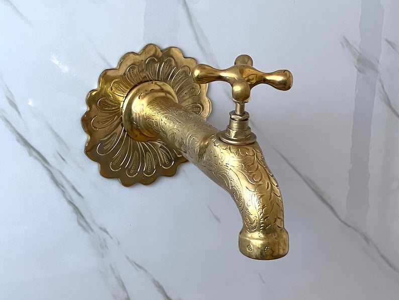 Moroccan Faucet Engraved in Unlacquered Brass - Handmade Moroccan Faucet - Wall Mounted Faucet