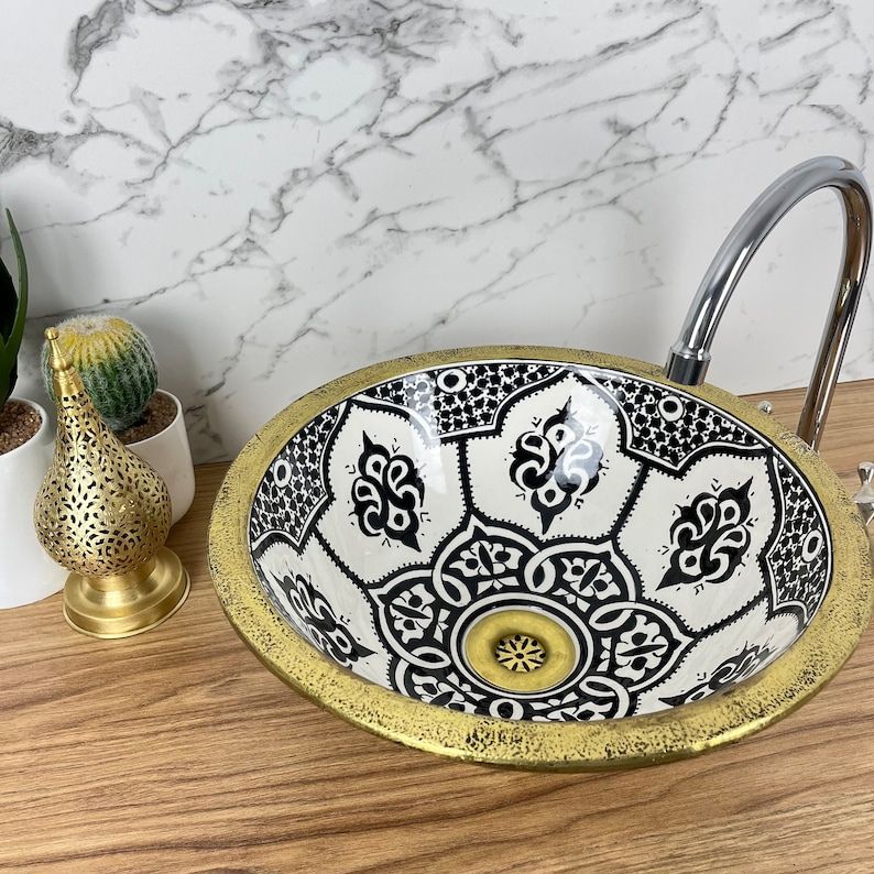 Handmade Moroccan Ceramic Sink Brass rim #127B