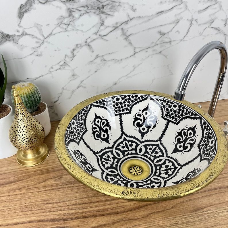 Moroccan sink | moroccan ceramic sink | bathroom sink Brass rim #127B