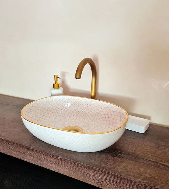 Handmade Moroccan Oval Sink Golden Rim 14K Carats #185W