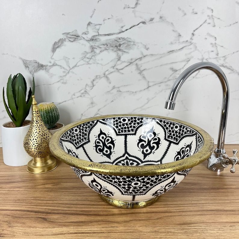 Moroccan sink | moroccan ceramic sink | bathroom sink Brass rim #127B