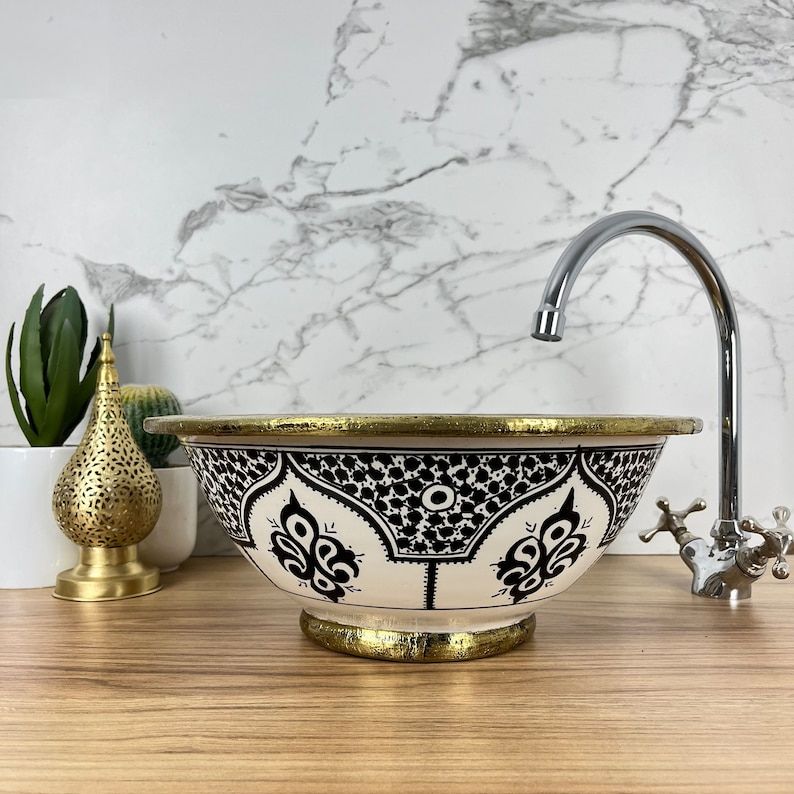 Handmade Moroccan Ceramic Sink Brass rim #127B