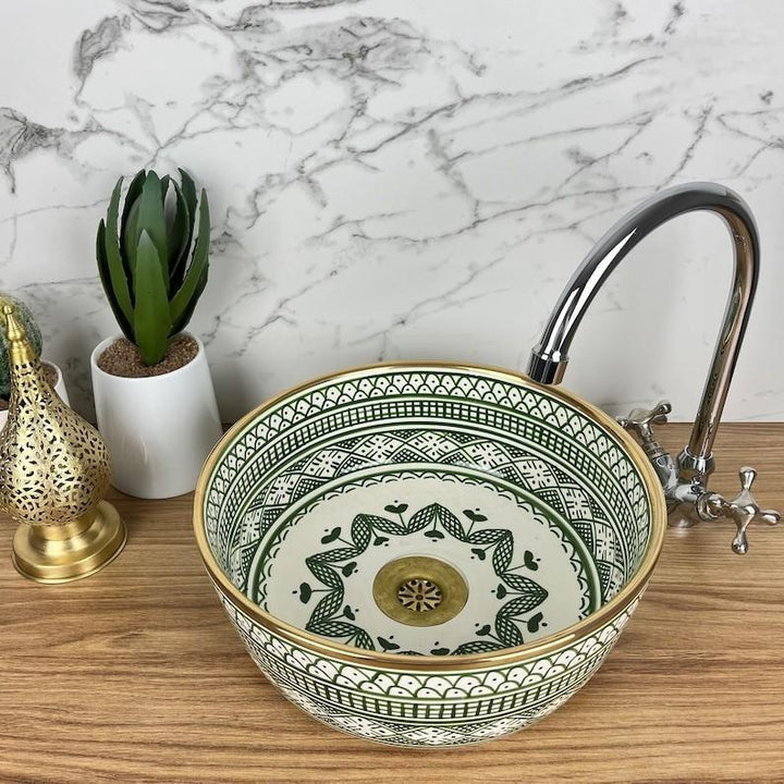 Handmade Moroccan Ceramic Sink Golden rim 14K carat #127BE