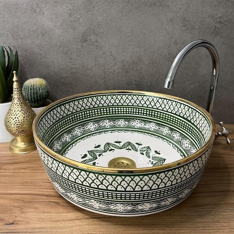 Handmade Moroccan Ceramic Sink Golden rim 14K carat #127BE