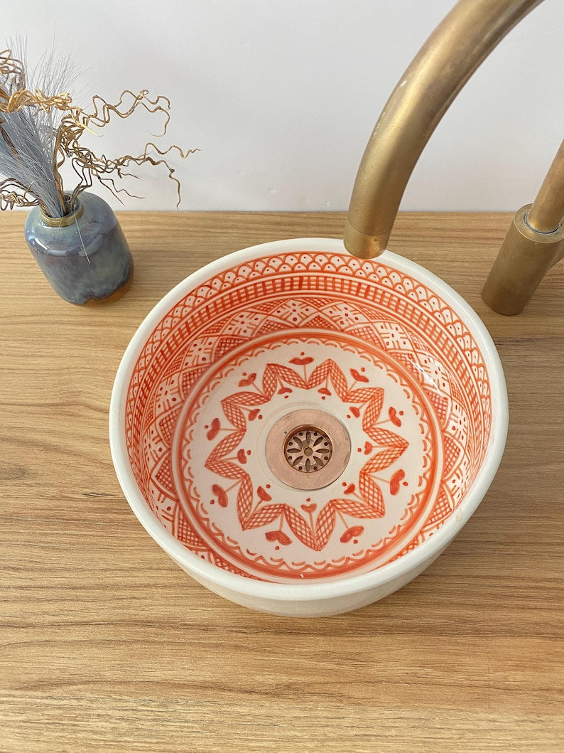 Orange bathroom sink | Handmade moroccan sink bowl | Unique bathroom sink #243