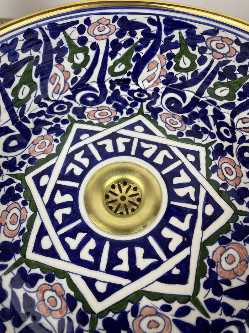 Handmade Moroccan Ceramic Sink Golden Rim 14k Carats #254