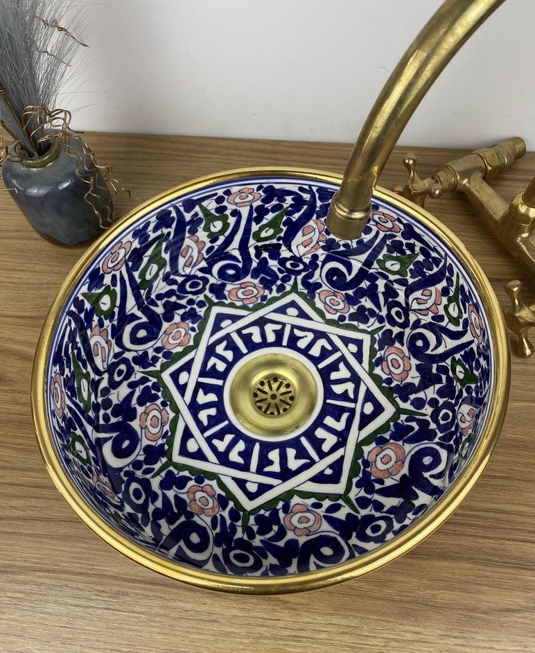 Handmade Moroccan Ceramic Sink Golden Rim 14k Carats #254