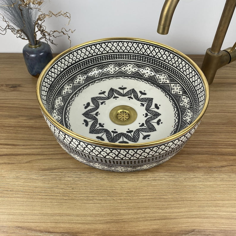 Handmade Moroccan Ceramic Sink Golden Rim 14k Carats#259