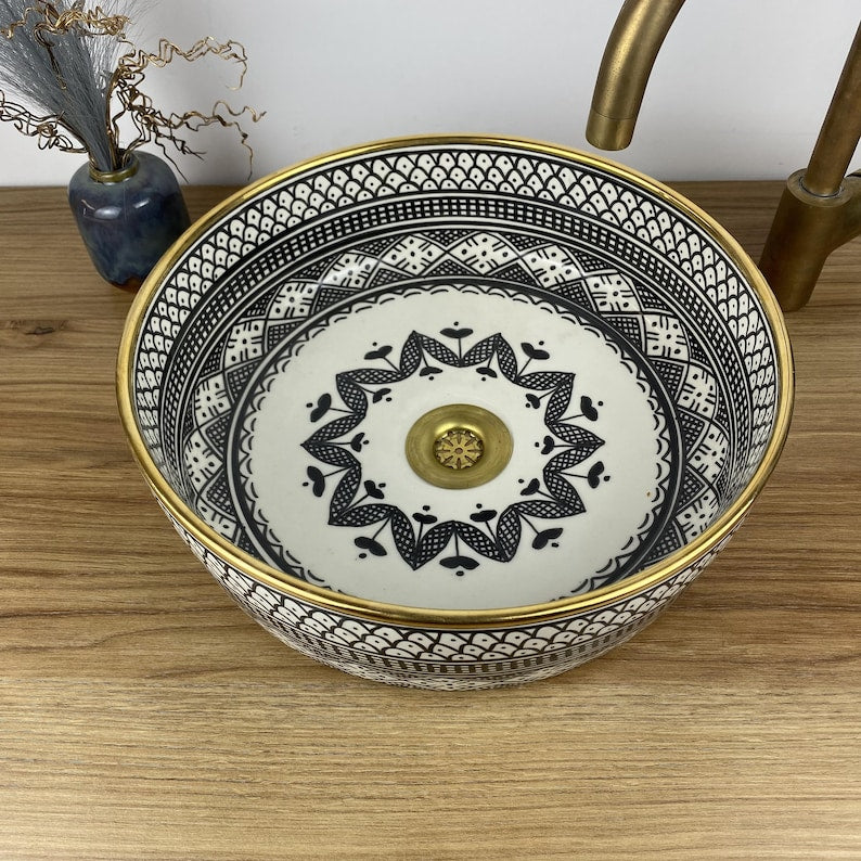 Handmade Moroccan Ceramic Sink Golden Rim 14k Carats#259