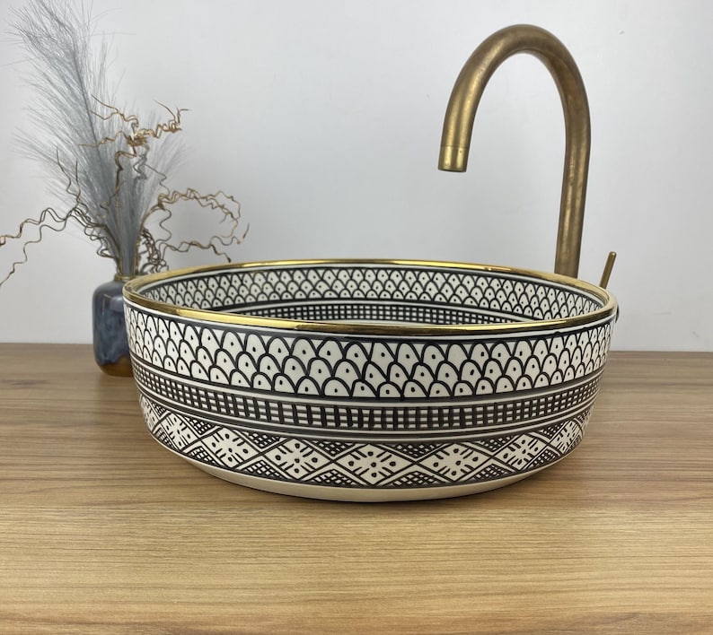 Handmade Moroccan Ceramic Sink Golden Rim 14k Carats#259