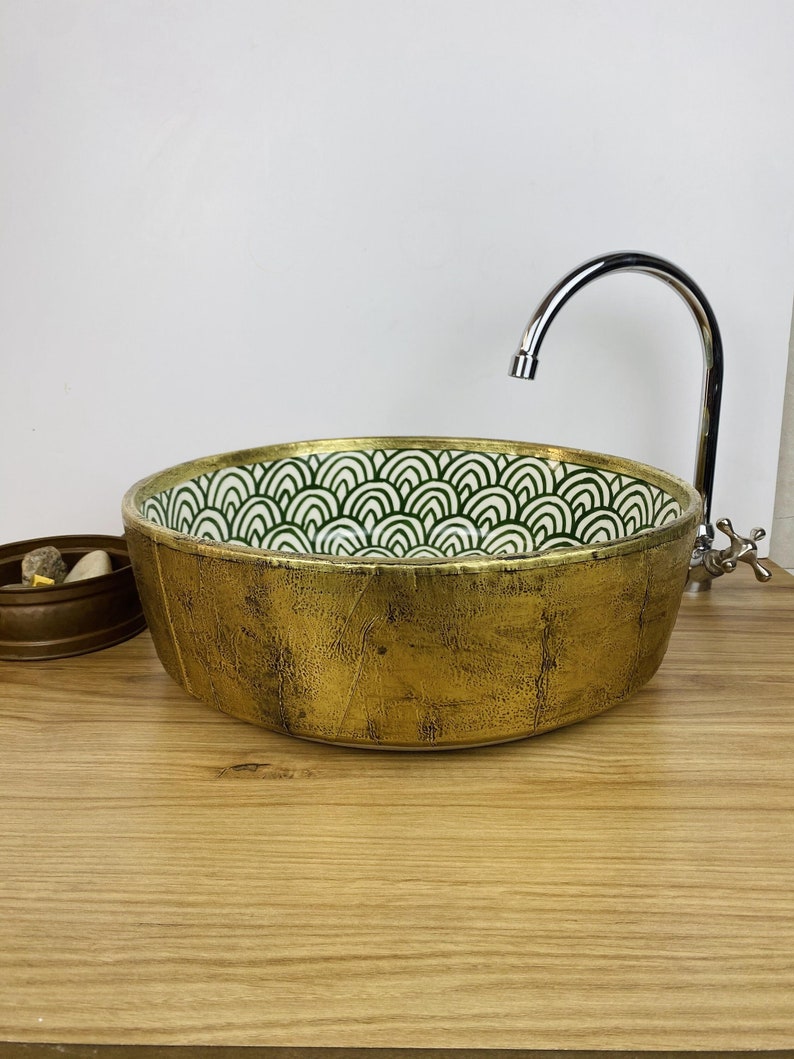 Handmade Moroccan Ceramic Sink with Brass Cover #263