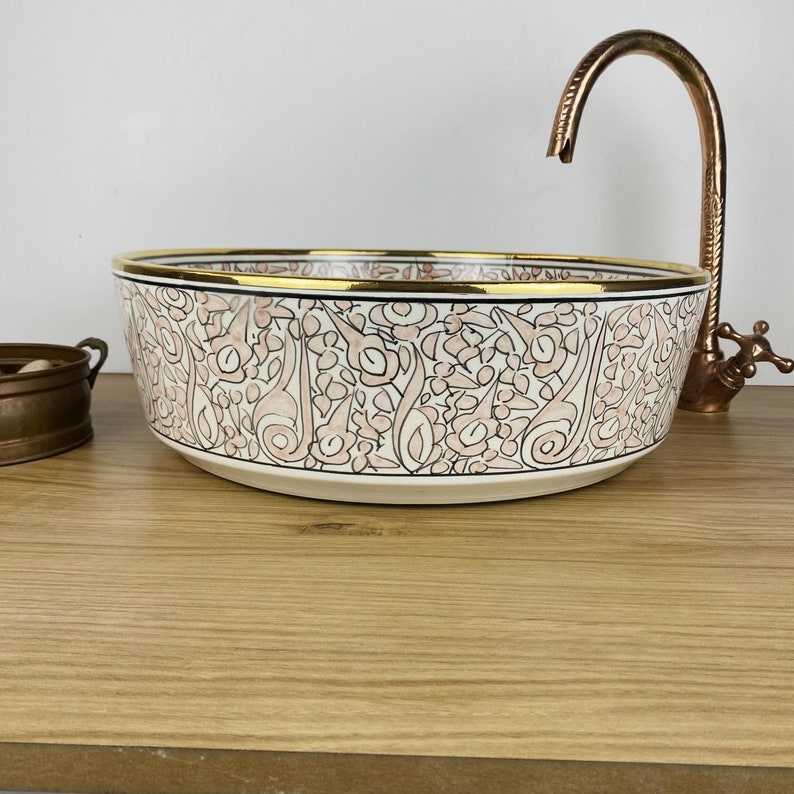 Handmade Moroccan Ceramic Sink Golden Rim 14k Carats #252