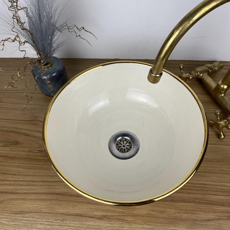 Handmade Moroccan Ceramic Sink Golden Rim 14k Carats #255