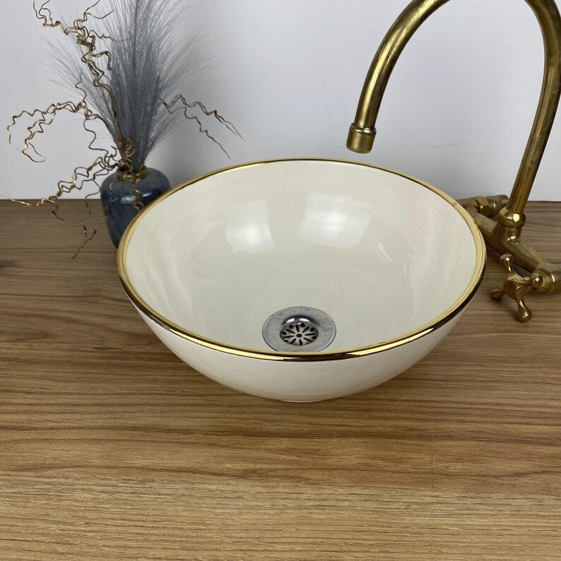 Handmade Moroccan Ceramic Sink Golden Rim 14k Carats #255