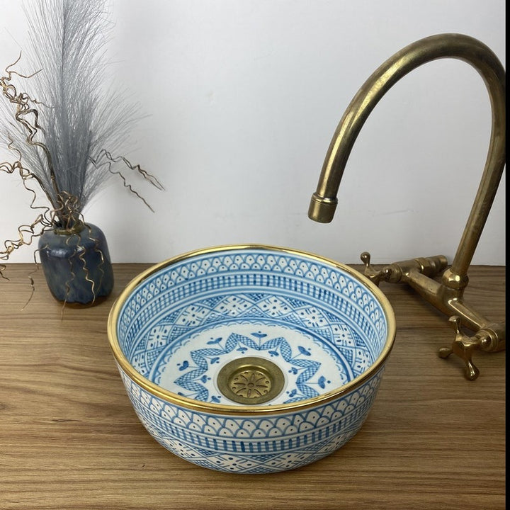 Handmade Moroccan Ceramic Sink Golden Rim 14k Carats #251