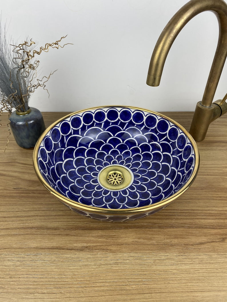 Handmade Moroccan Ceramic Sink with Brass Cover #258