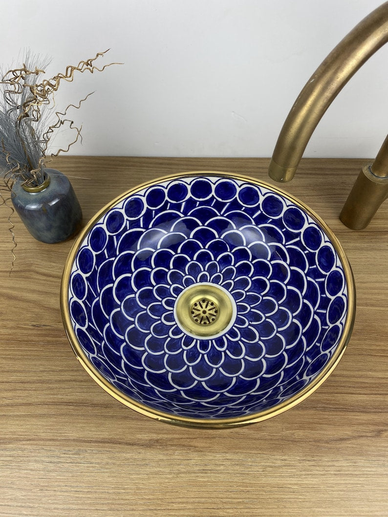 Handmade Moroccan Ceramic Sink with Brass Cover #258