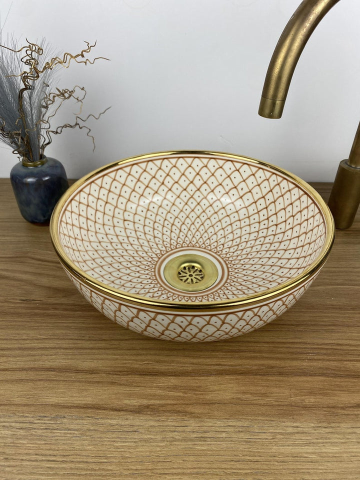 Handmade Moroccan Ceramic Sink Golden Rim 14k Carats #256