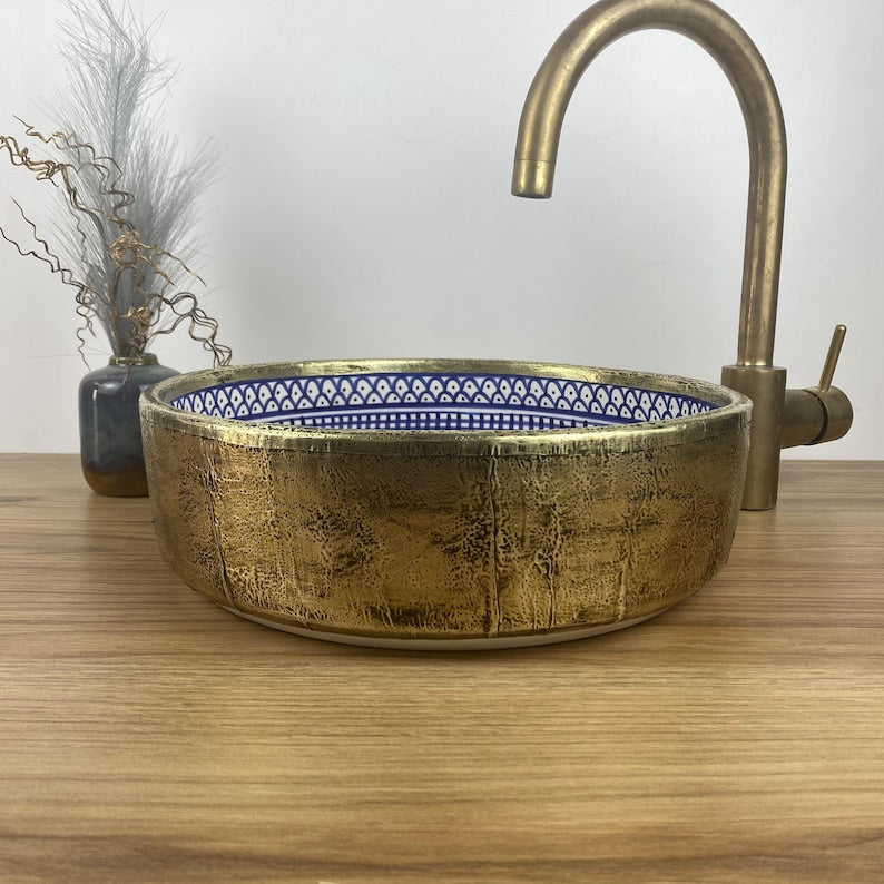 Handmade Moroccan Ceramic Sink with Brass Cover #225