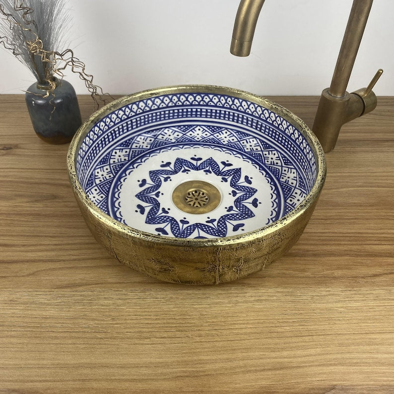 Handmade Moroccan Ceramic Sink with Brass Cover #225