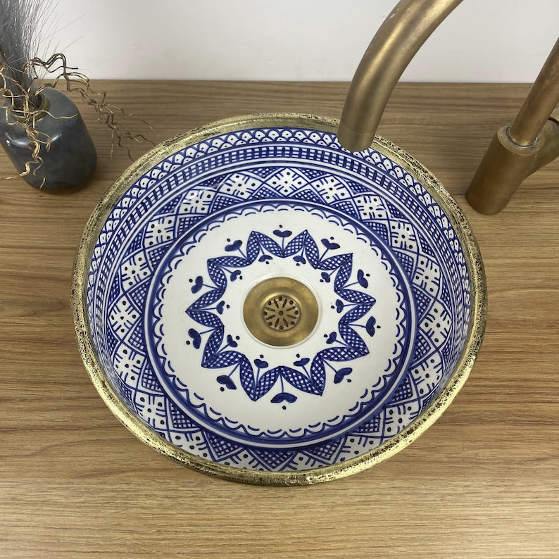 Handmade Moroccan Ceramic Sink with Brass Cover #225