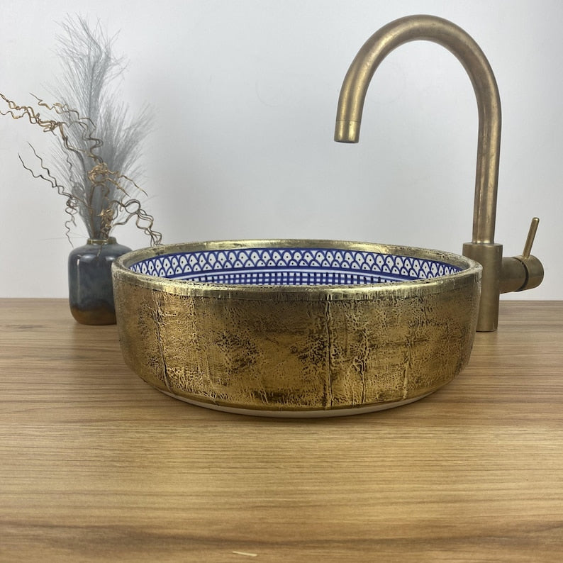 Handmade Moroccan Ceramic Sink with Brass Cover #225