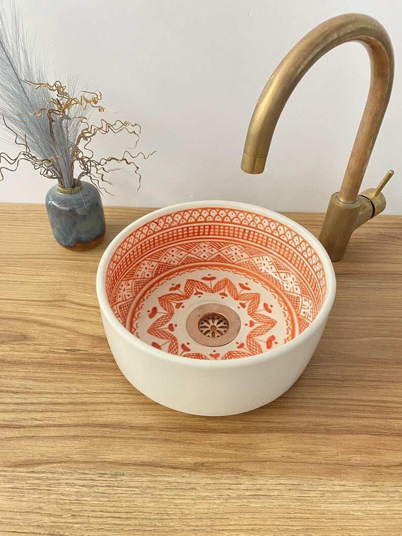 Orange bathroom sink | Handmade moroccan sink bowl | Unique bathroom sink #243