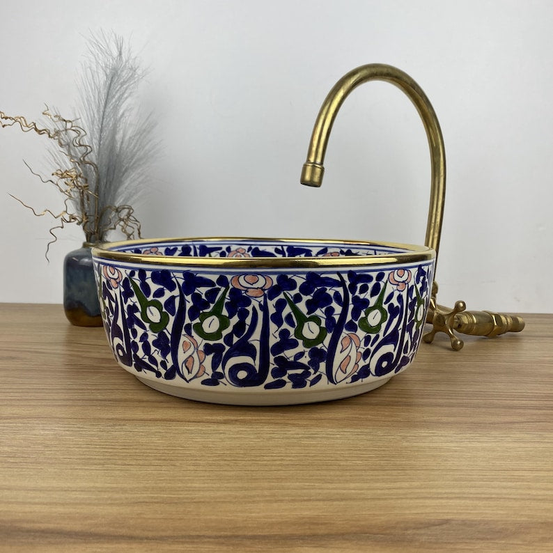 Handmade Moroccan Ceramic Sink Golden Rim 14k Carats #254