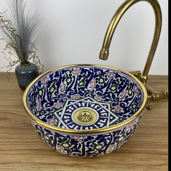 Handmade Moroccan Ceramic Sink Golden Rim 14k Carats #254