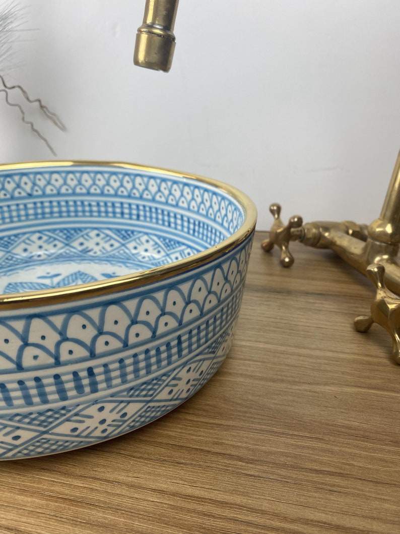 Handmade Moroccan Ceramic Sink Golden Rim 14k Carats #251