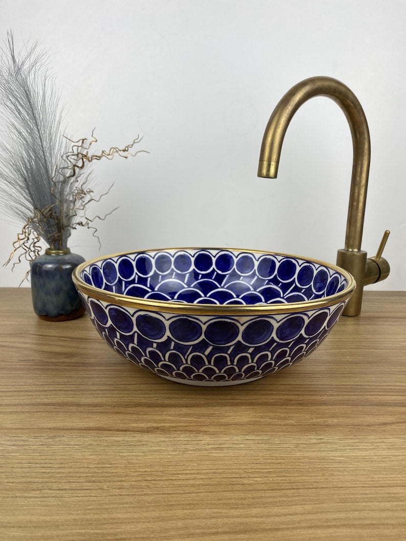 Handmade Moroccan Ceramic Sink with Brass Cover #258