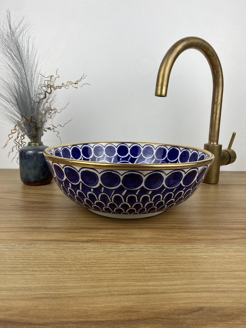 Handmade Moroccan Ceramic Sink with Brass Cover #258