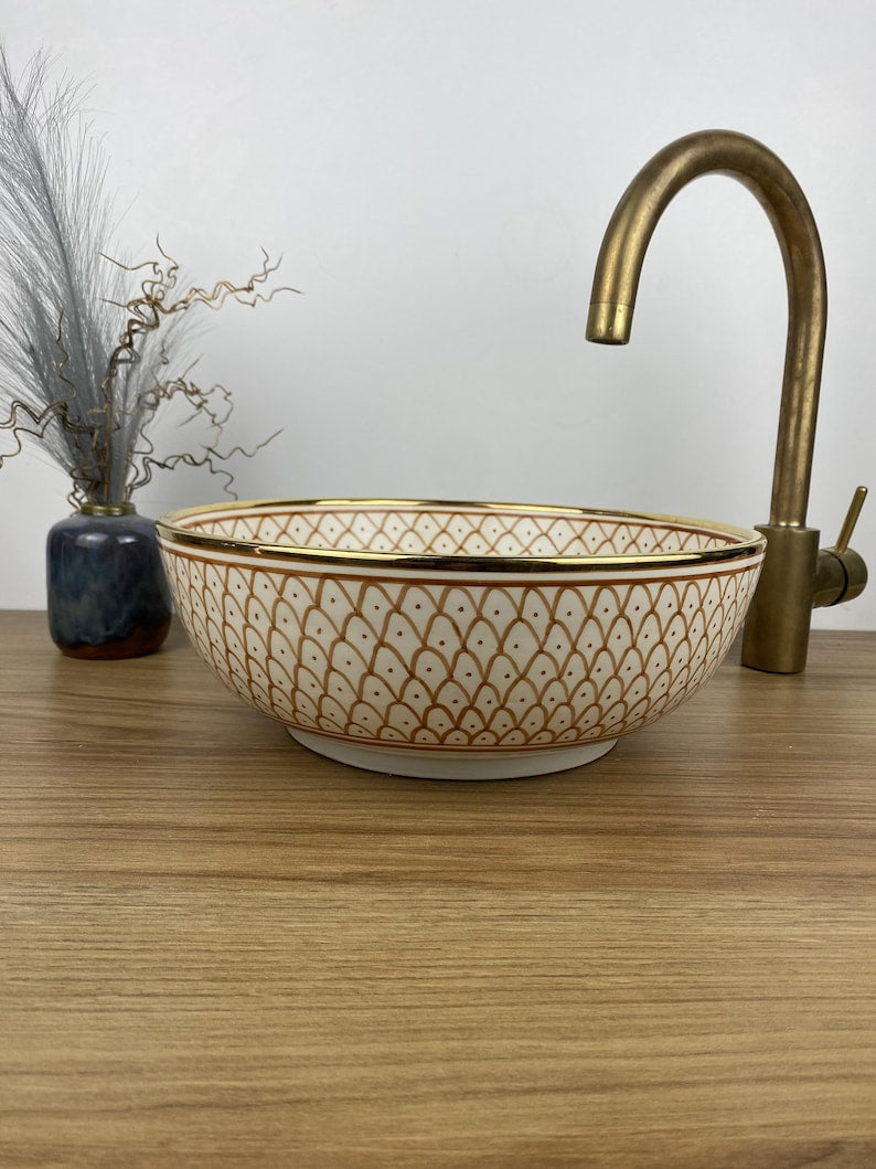 Handmade Moroccan Ceramic Sink Golden Rim 14k Carats #256